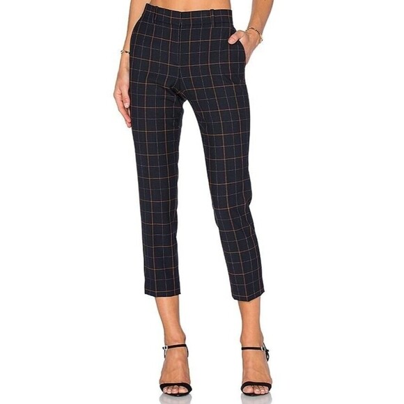 NEW THEORY size 0 Treeca 2 Tile Check Cropped Pant Dark Navy Multi plaid trouser - Picture 1 of 9